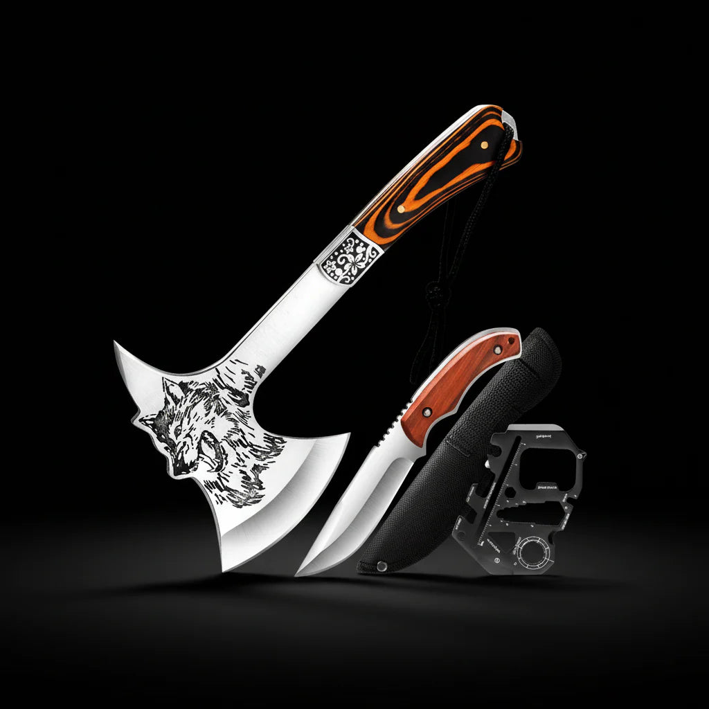 Outdoor Tactical Axe Multi-Functional Camping Tool | Solid Wood Handle Hatchet | Non-Slip Survival Axe for Camping, BBQ & Hiking