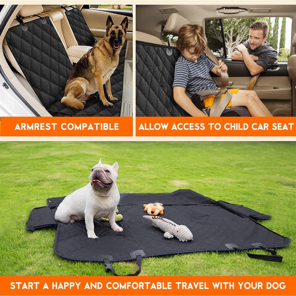 Dog Car Seat Cover - Waterproof Back Seat Protector for Pets, Non - Slip Design with Middle Armrest Compatibility for Most Cars, Trucks, and SUVs - Black - ShiftX