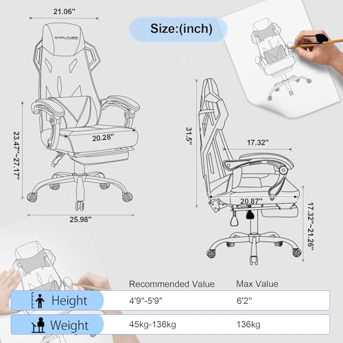 GTPLAYER Gaming Chair, Computer Chair with Mesh Back, Ergonomic Game Chair with Footrest, Reclining Game Chair with Adjustable Headrest and Lumbar Support for Gaming and Office (White) - ShiftX
