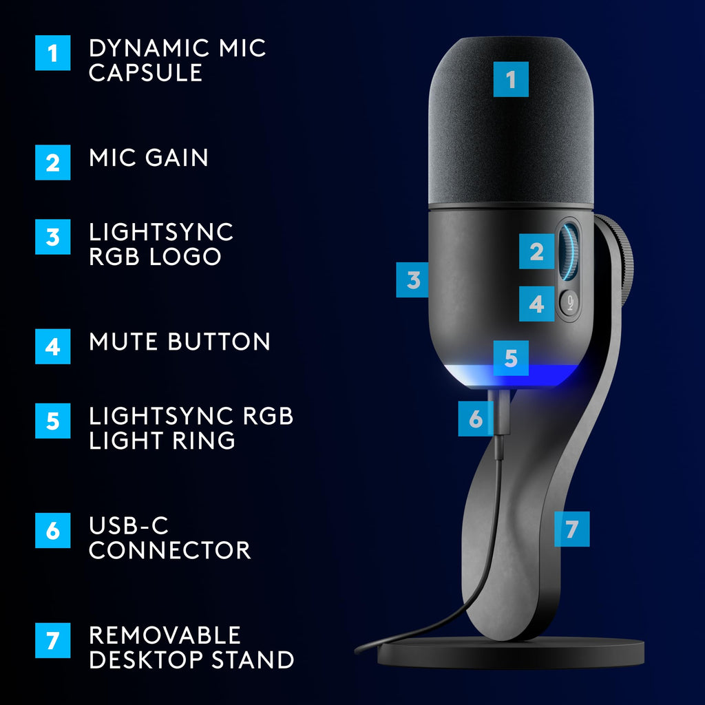 Logitech G Yeti GX Dynamic RGB Gaming Microphone, Podcast Microphone with LIGHTSYNC, Blue VO!CE, G HUB Control, USB Plug and Play - Black - ShiftX
